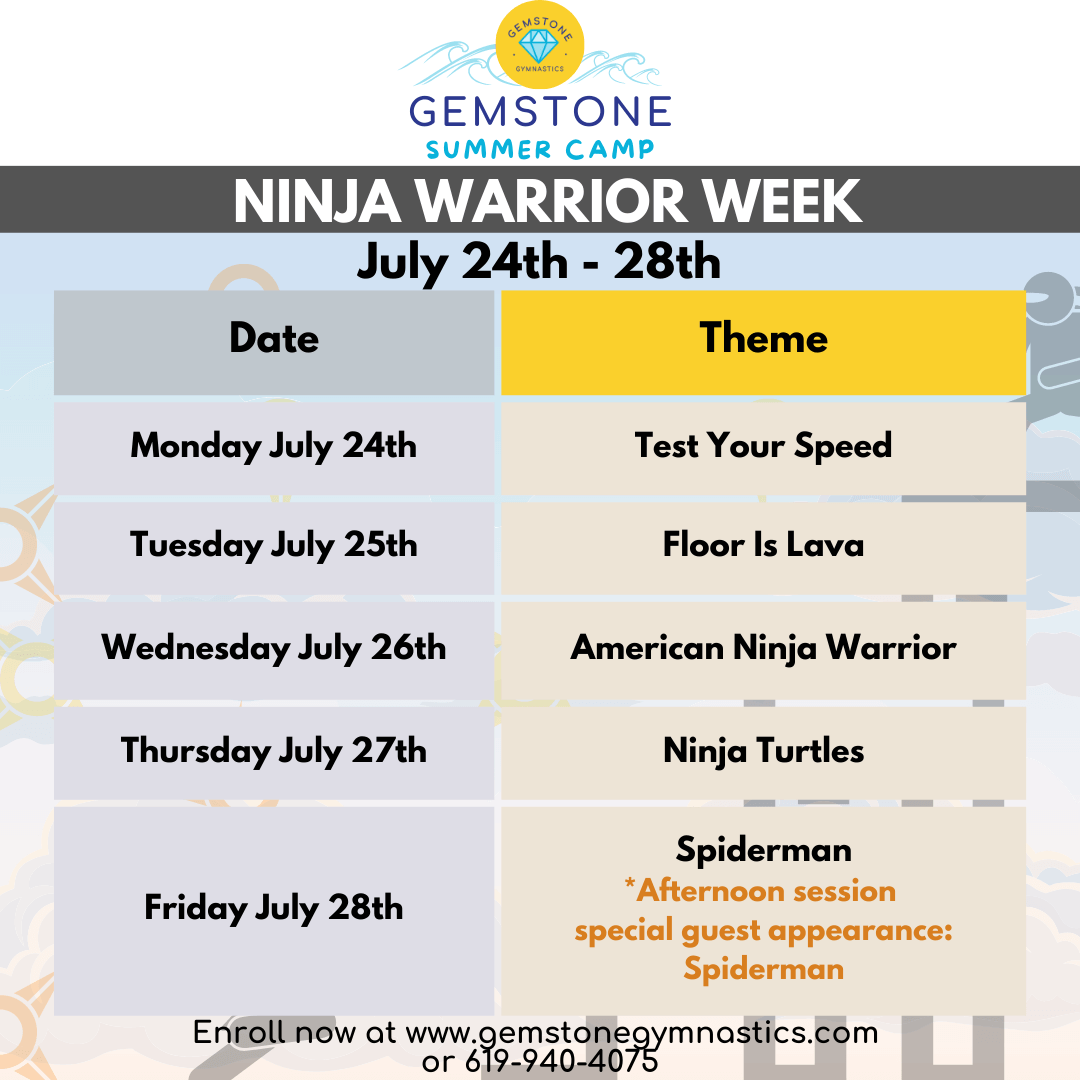 Ninja Warrior Summer camp daily themes graphic