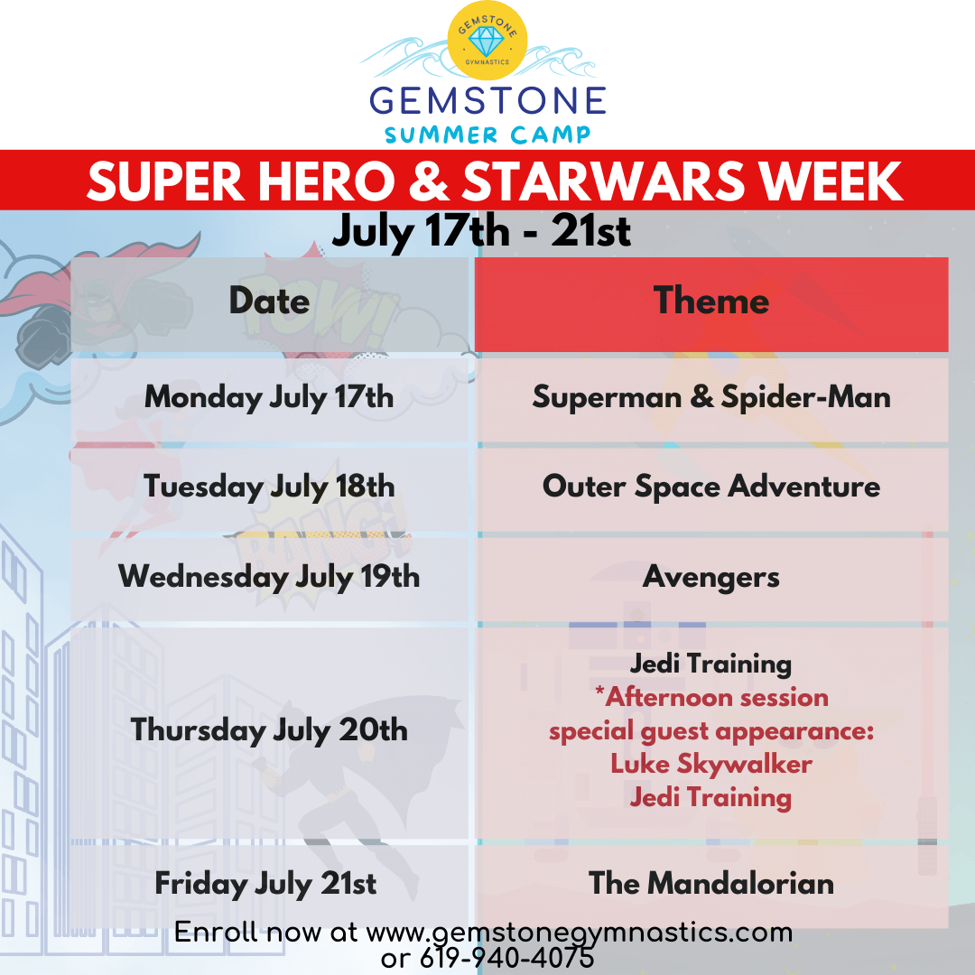 Superhero & Star Wars Summer camp daily themes graphic