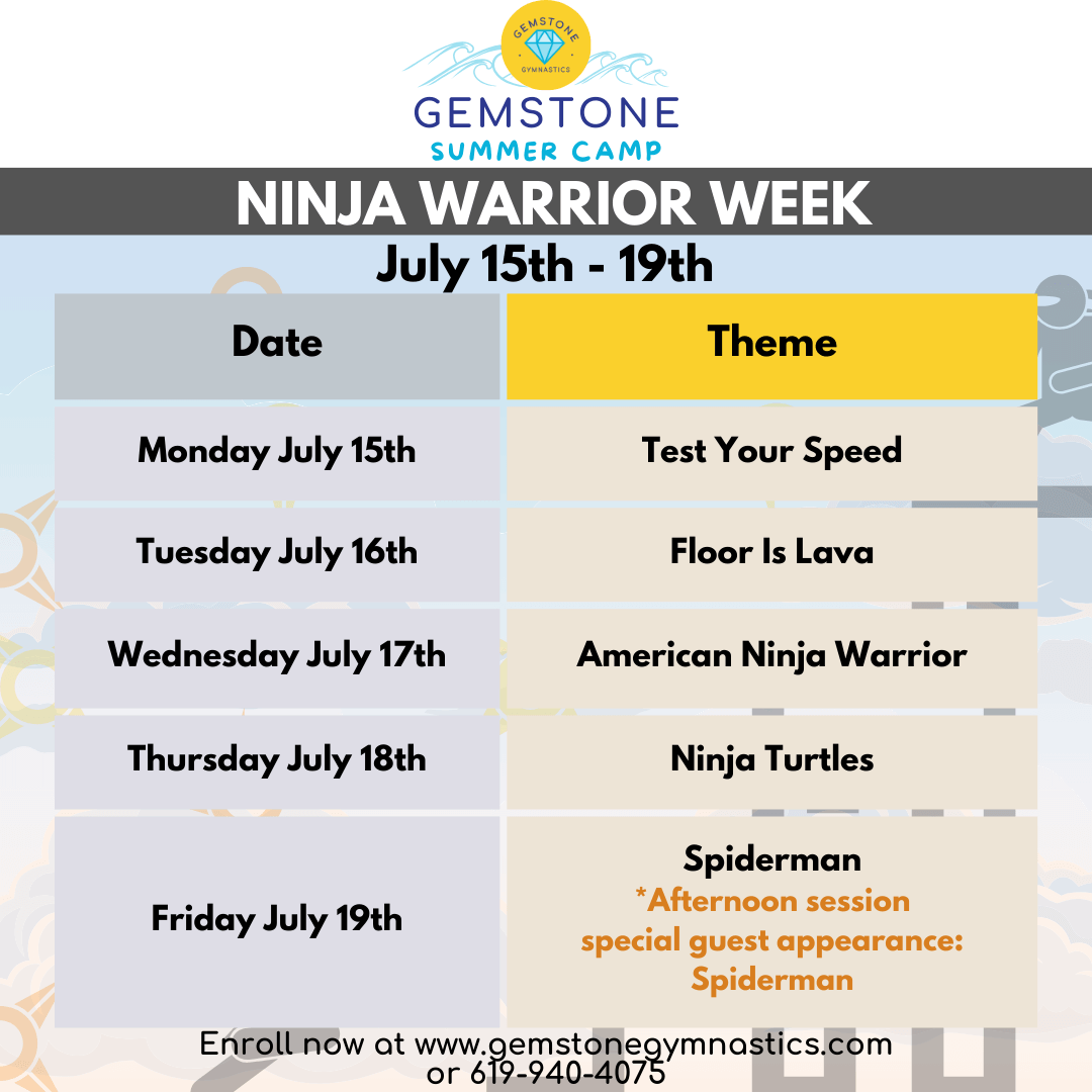 2024 Ninja Warrior Summer camp daily themes graphic
