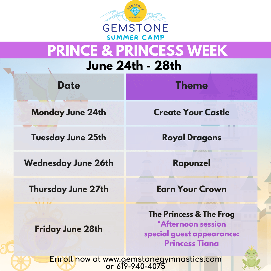 2024 Prince & Princess Week Summer Camp Daily Themes Graphic