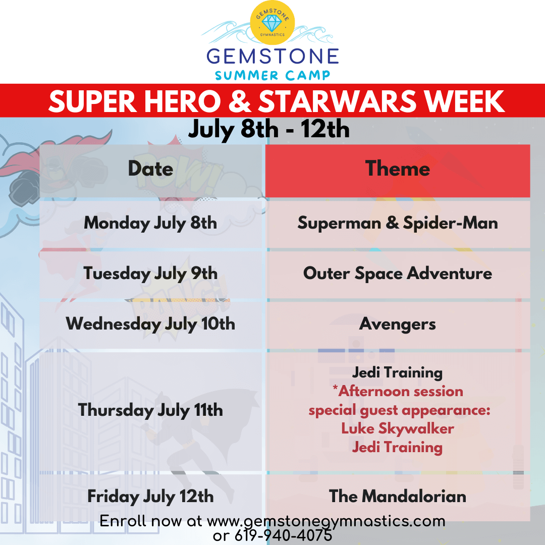 Superhero & Star Wars Summer camp daily themes graphic